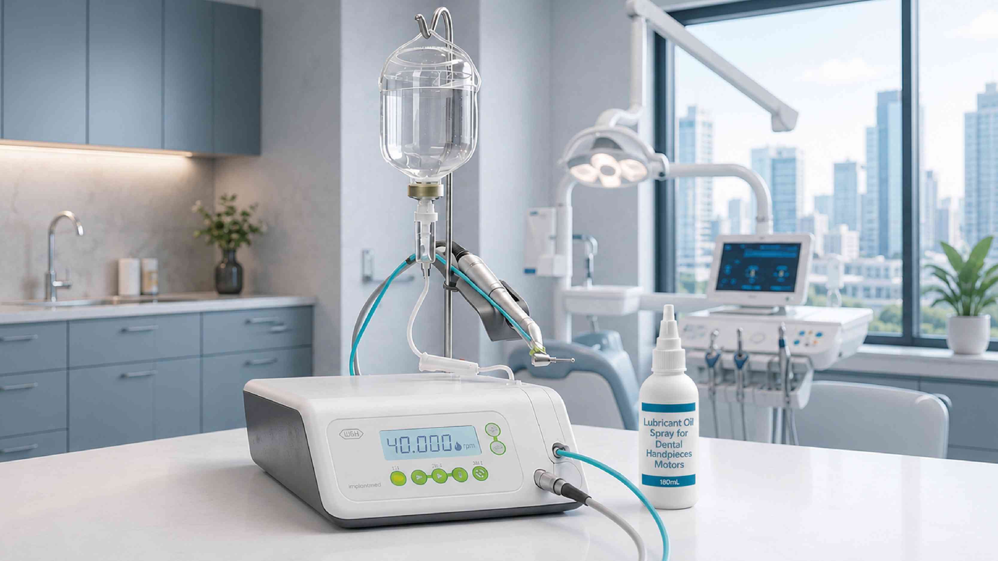Implantmed surgical unit with saline IV bag, dental handpiece, and lubricant oil in a clinic.