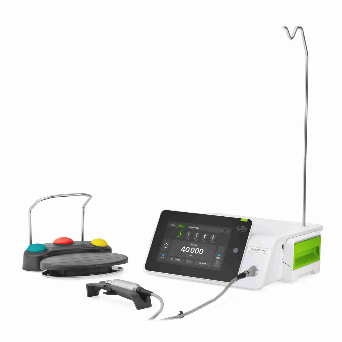 W&H Implantmed Plus II surgical motor setup with camera integration and wireless foot pedal