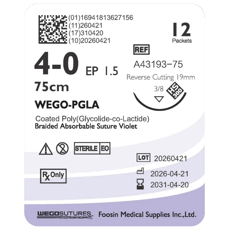 WEGO PGLA 4-0 absorbable dental suture with 19mm reverse-cutting needle (75cm)