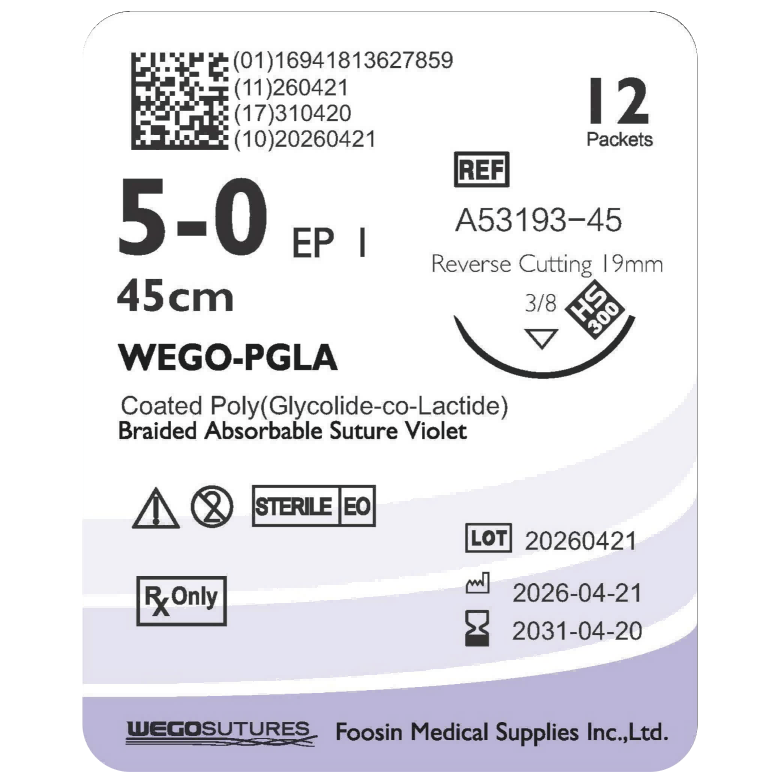 WEGO PGLA 5-0 absorbable dental suture with 19mm reverse-cutting needle (45cm)