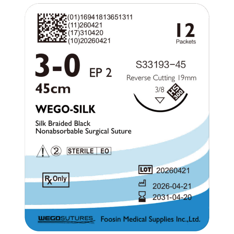 WEGO-Silk 3-0 non-absorbable dental suture with 19mm reverse-cutting needle (45cm)