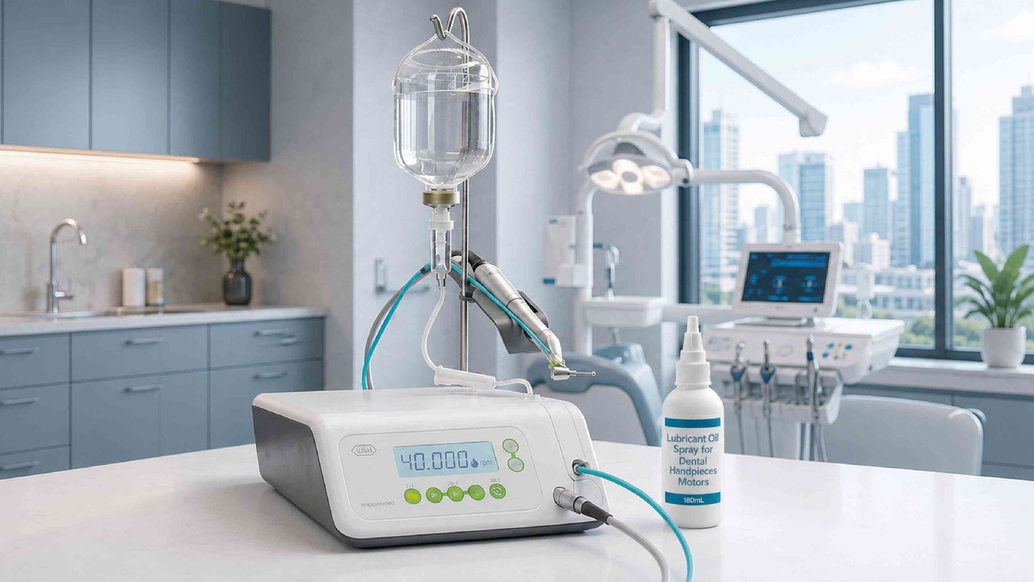 Implantmed surgical unit with saline IV bag, dental handpiece, and lubricant oil in a clinic.