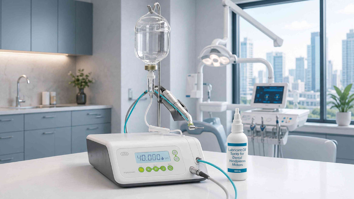Implantmed surgical unit with saline IV bag, dental handpiece, and lubricant oil in a clinic.