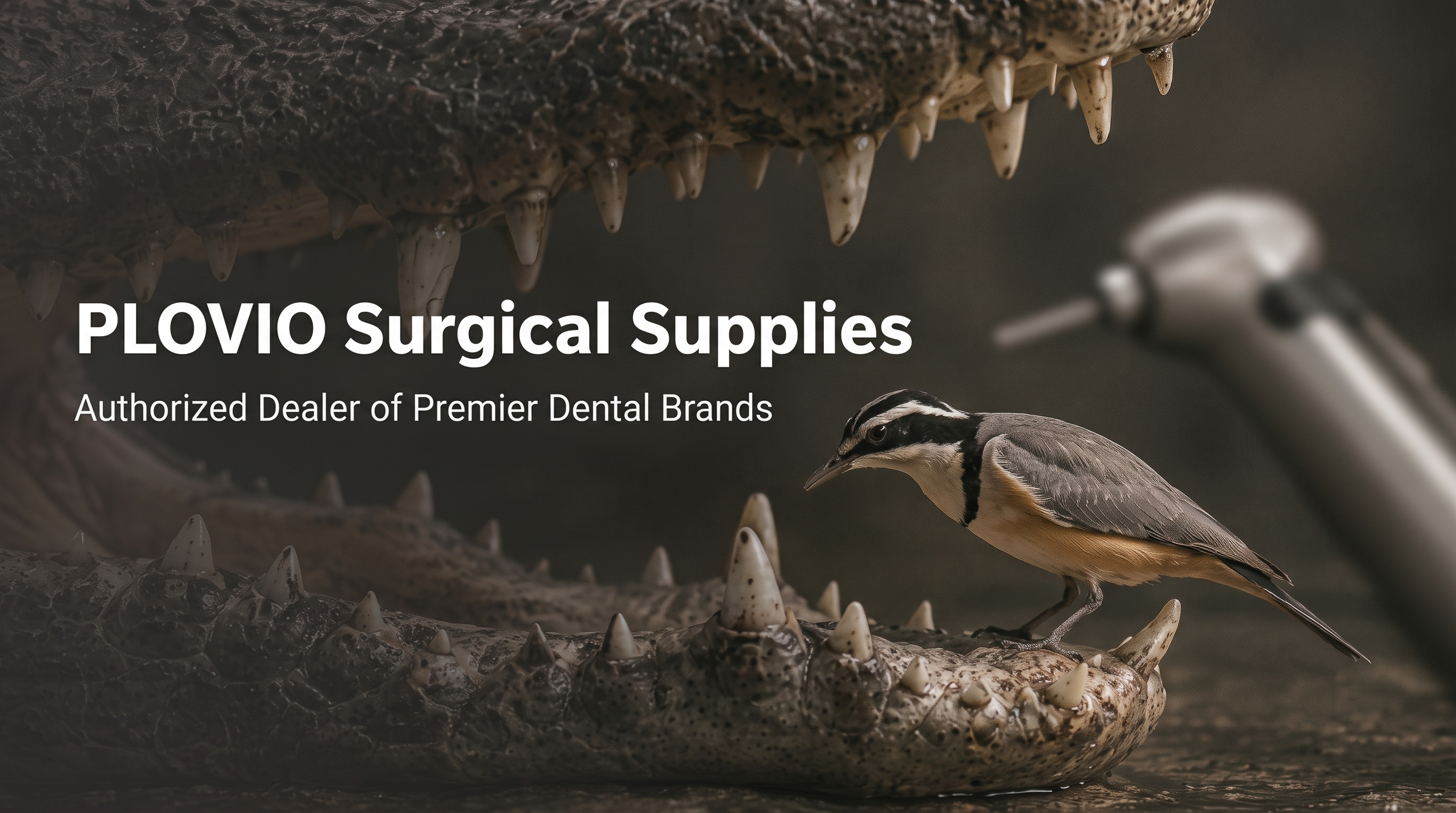 Dental surgical supplies brand banner showing a bird on a crocodile with dental equipment and authorized dealer message