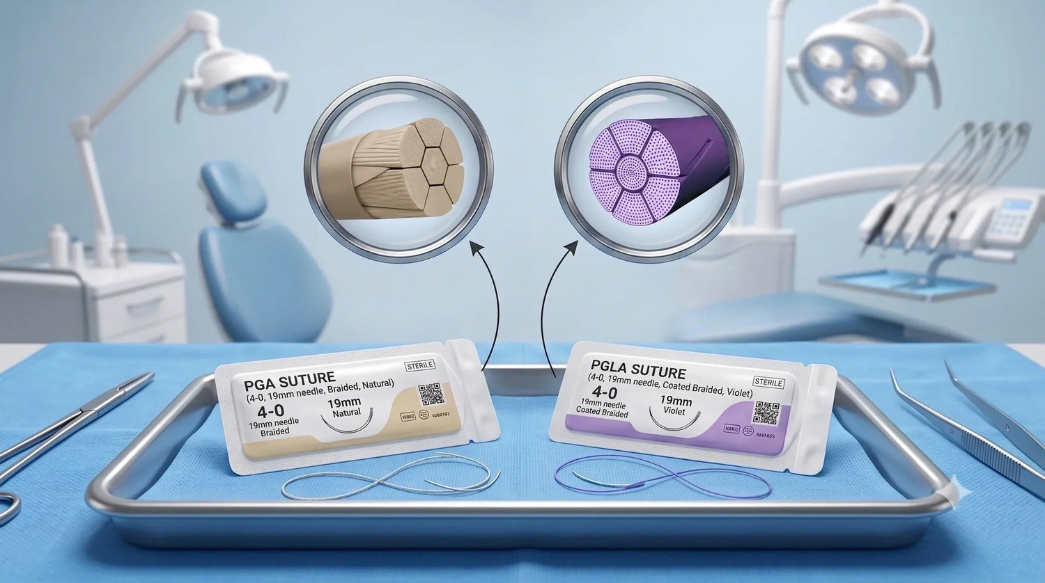 PGA and PGLA absorbable surgical sutures comparison display under magnifying glass