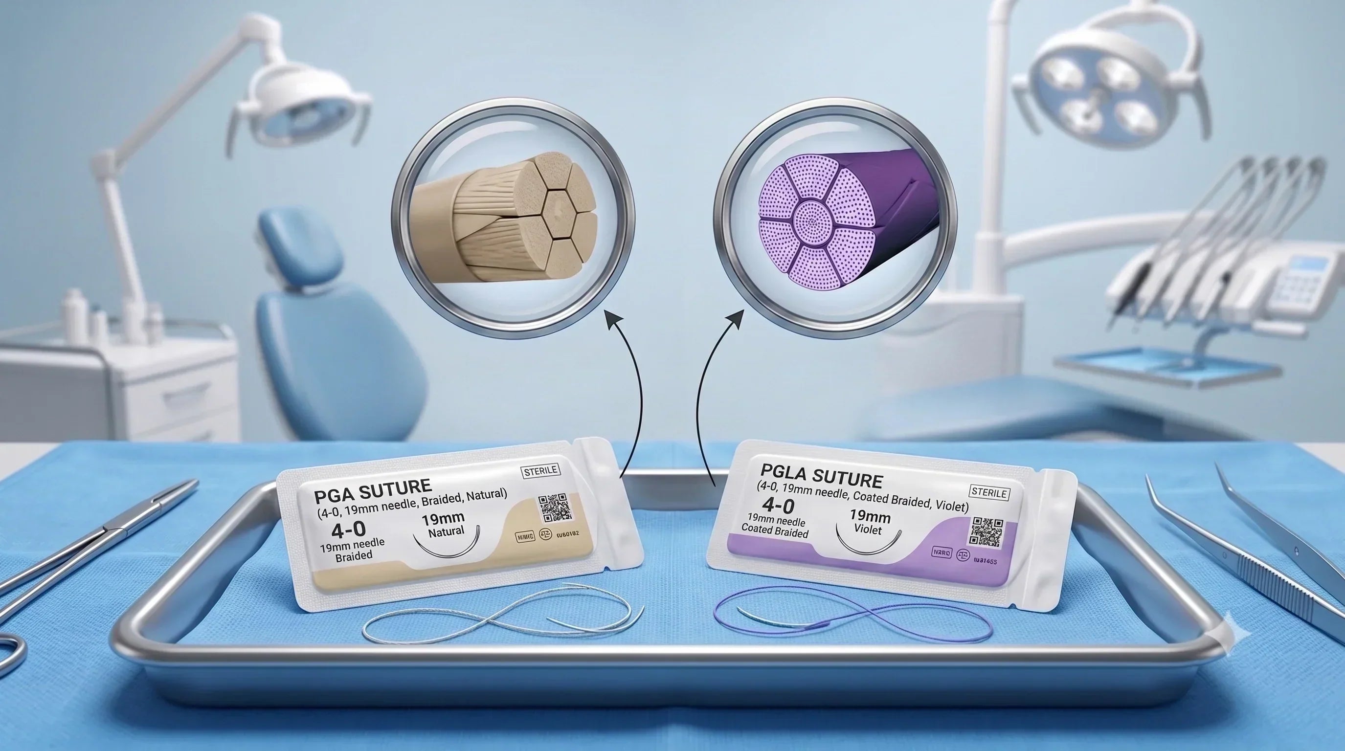 PGA and PGLA absorbable surgical sutures comparison display under magnifying glass