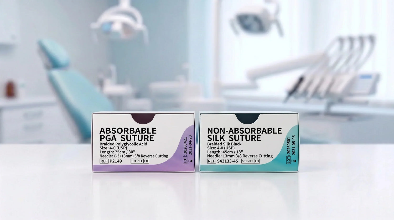 Absorbable PGA suture and non-absorbable silk suture boxes placed on a table inside a dental clinic