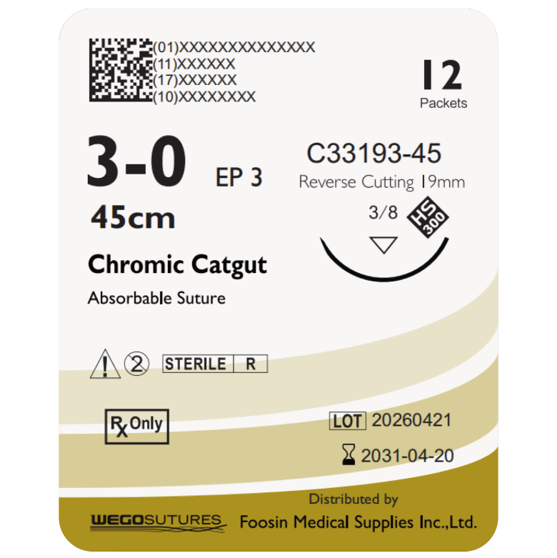 WEGO Chromic Catgut 3-0 absorbable dental suture with 19mm reverse-cutting needle (45cm)