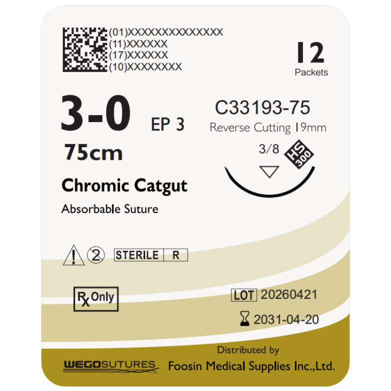 WEGO Chromic Catgut 3-0 absorbable dental suture with 19mm reverse-cutting needle (75cm)