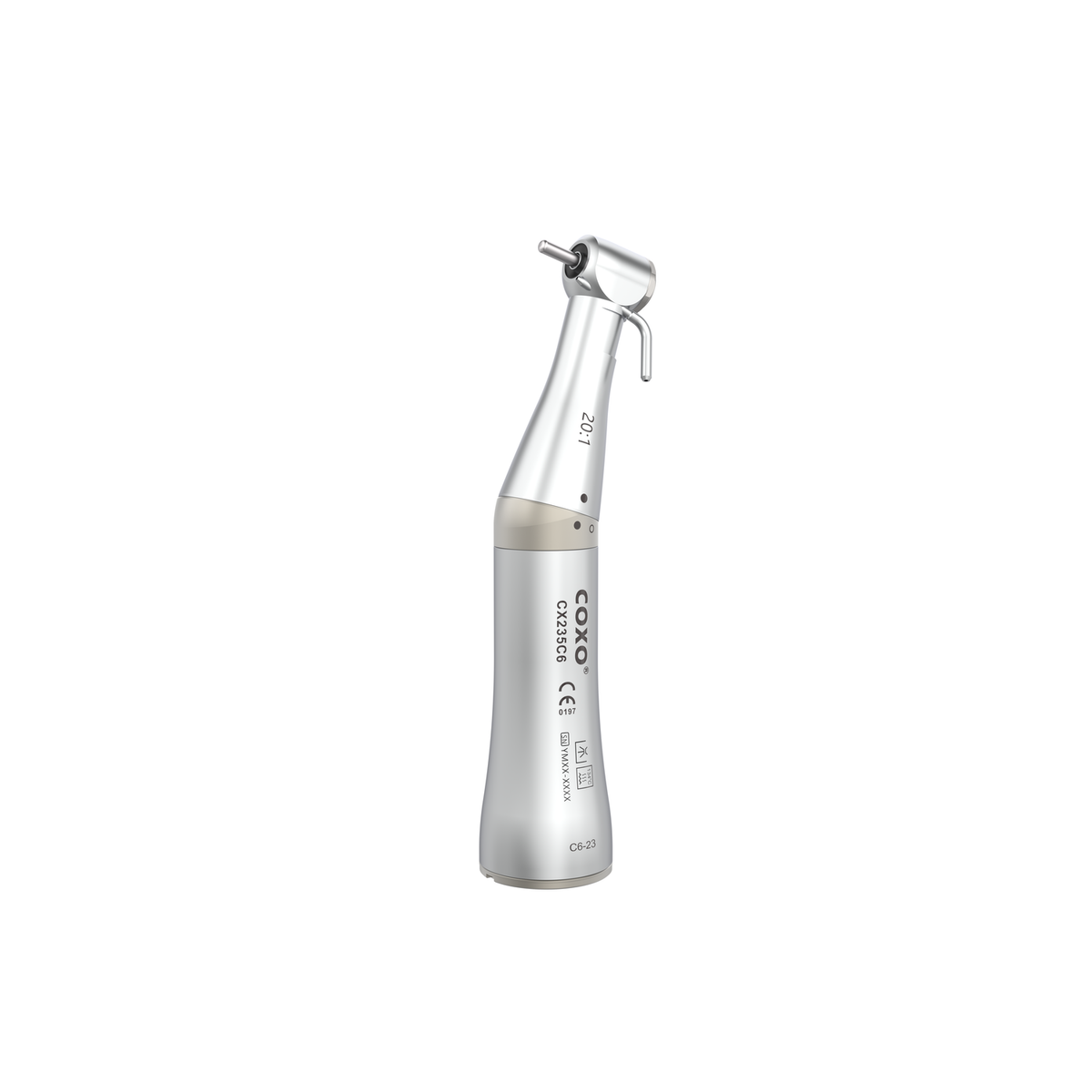 Front view of the COXO 20:1 contra-angle implant handpiece, designed as a reliable surgical backup
