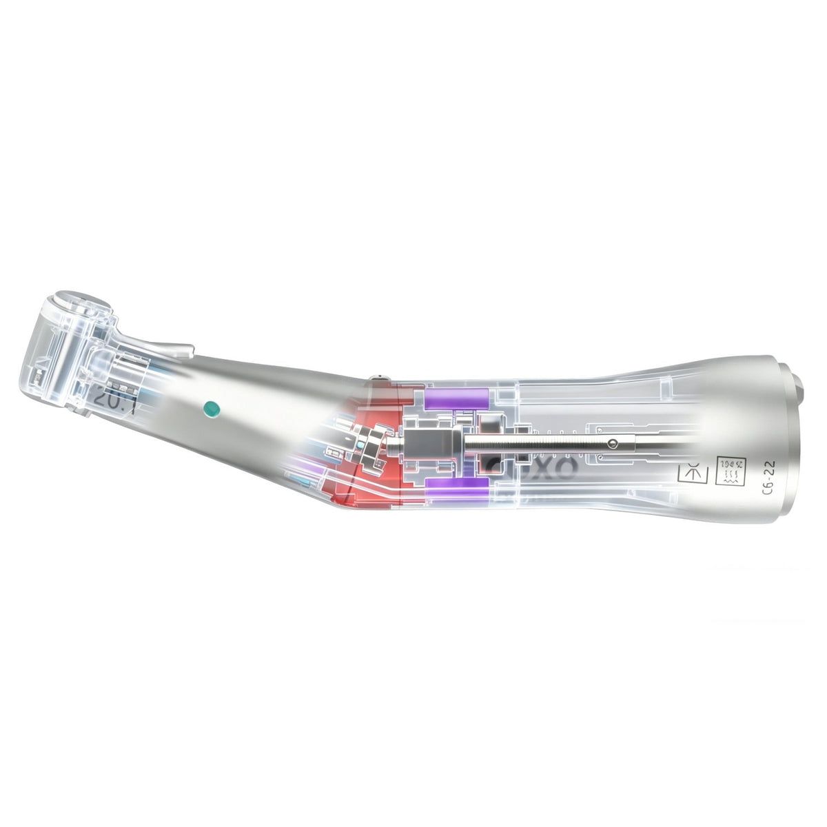 Internal cross-section view of the COXO 20:1 implant handpiece showcasing its durable gear reduction mechanism