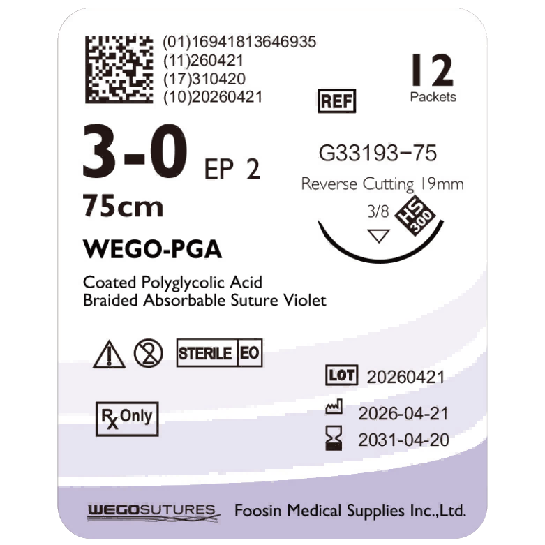WEGO PGA 3-0 absorbable dental suture with 19mm reverse-cutting needle (75cm)
