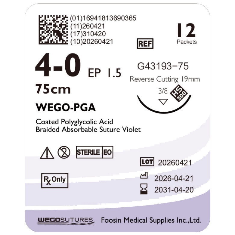 WEGO PGA 4-0 absorbable dental suture with 19mm reverse-cutting needle (75cm)