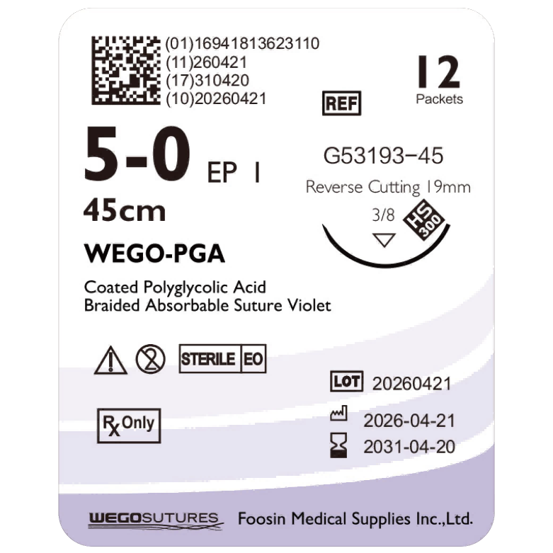 WEGO PGA 5-0 absorbable dental suture with 19mm reverse-cutting needle (45cm)