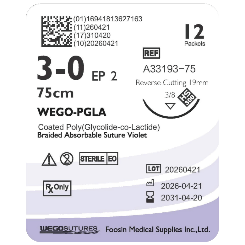 WEGO PGLA 3-0 absorbable dental suture with 19mm reverse-cutting needle (75cm)